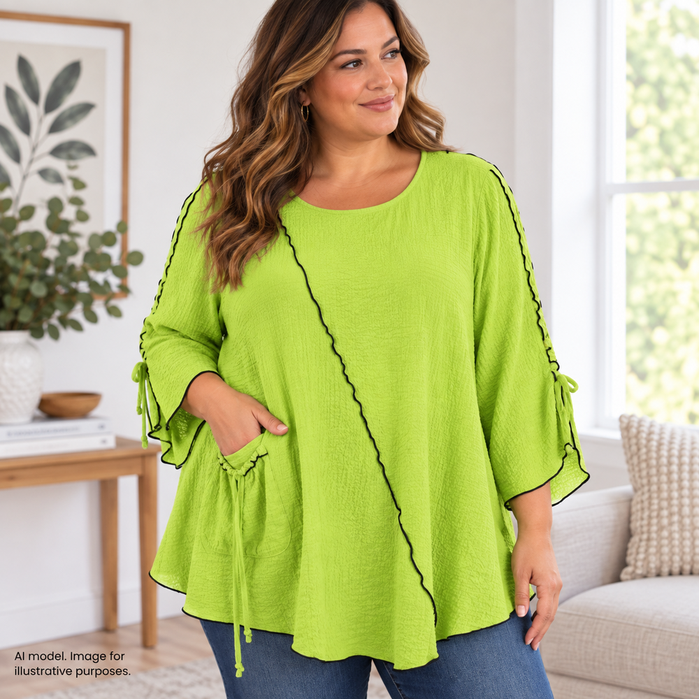 Ali Miles Tunic Top Womens 1X Green Black Trim Crinkle Blouse Pocket Drawstring